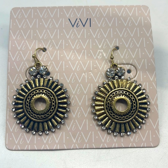 NWT ViVl Antique Gold Ornate Rhinestone Round Earrings - Picture 1 of 5